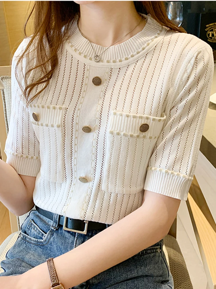 

White Tshirt Women Clothing Summer Short Sleeve Top Ladies Pockets Basic T Shirts Knitted Casual Clothes Tee Shirt Femme