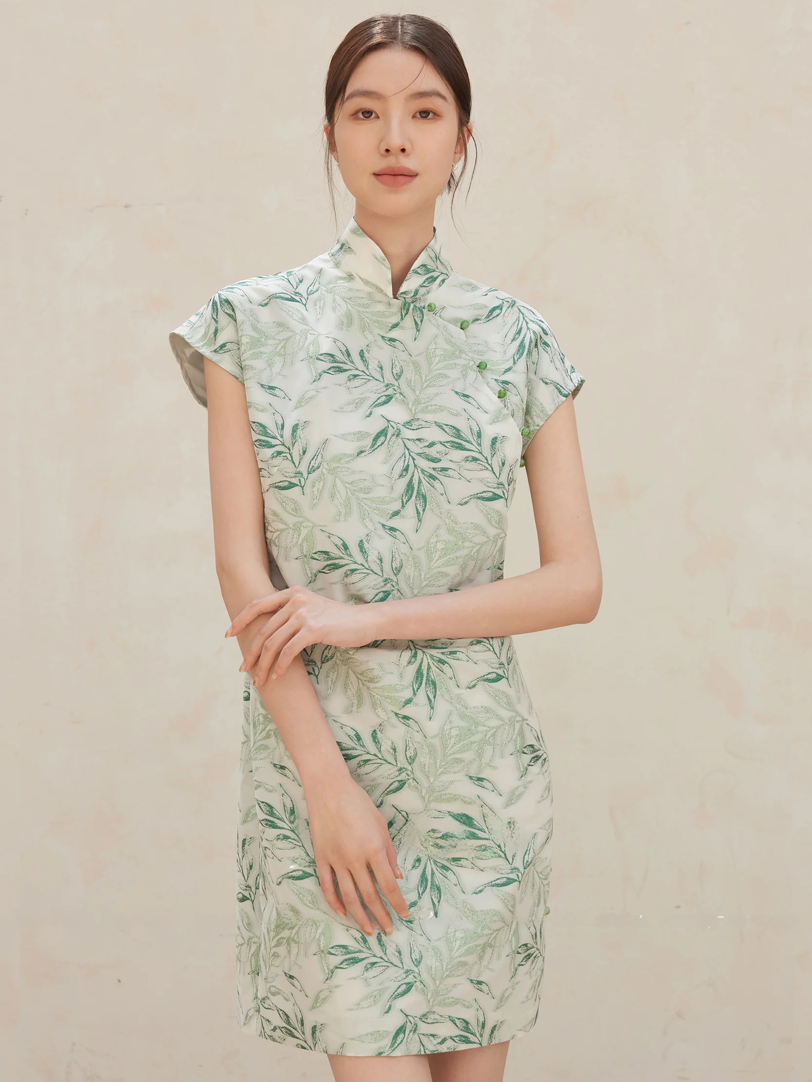 Оригинальное зеленое дизайнерское элегантное Новое китайское короткое платье