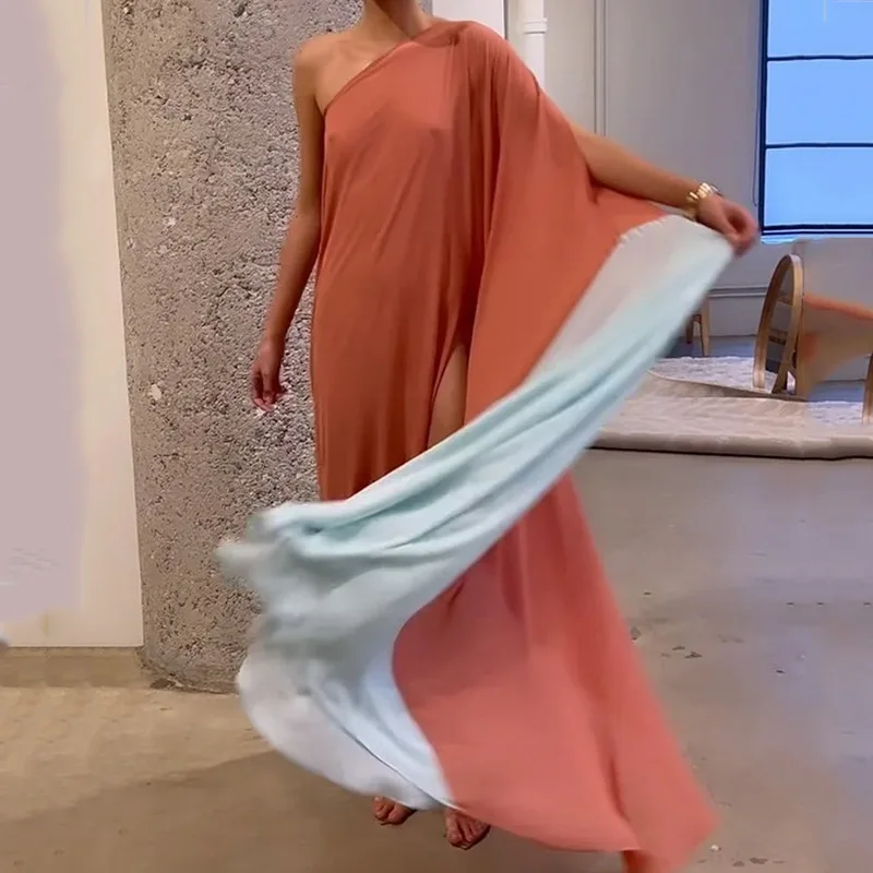 

Elegant Dresses for Women 2023 Summer New Fashion Casual Women One Shoulder Loose waist Contrast Color Long Dress Temperament