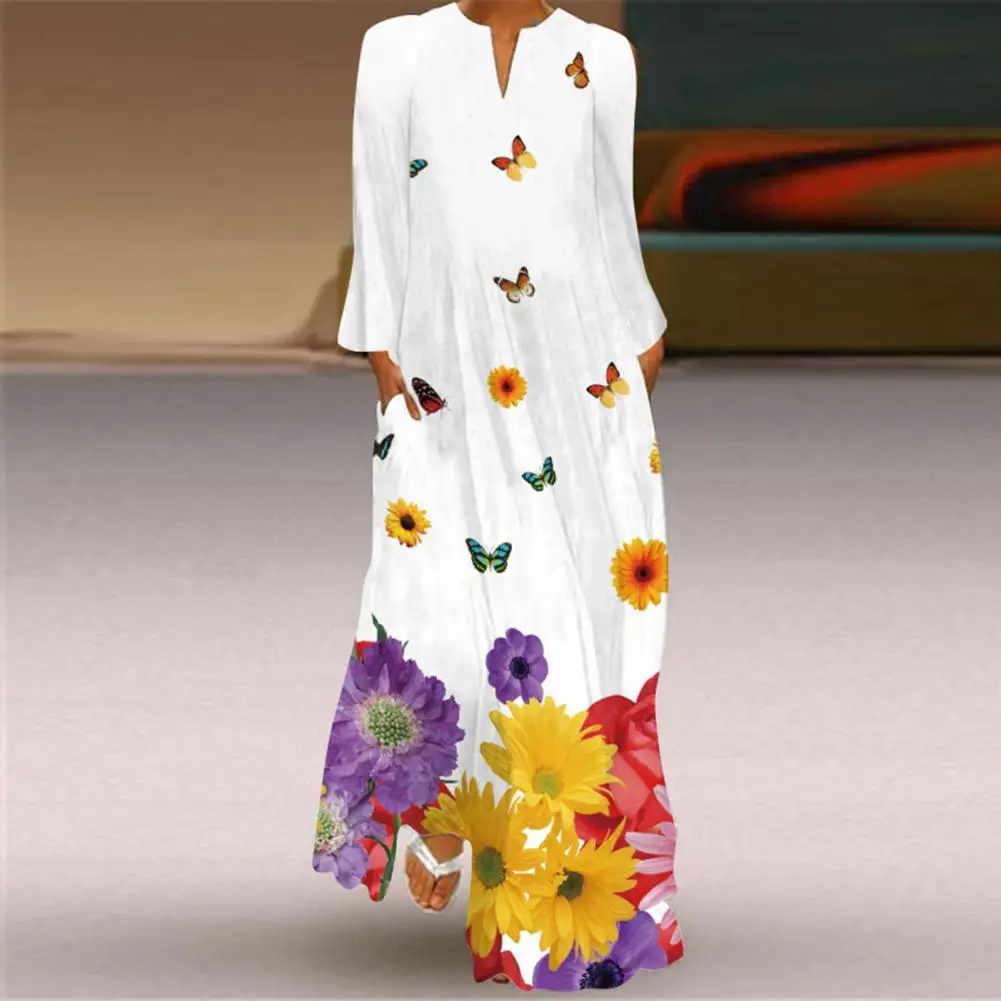 

V-neck Maxi Dress Vintage Print Maxi Dress Oversized Long Sleeve V Neck Ankle Length Soft Breathable A-line Lady Long Dress Long