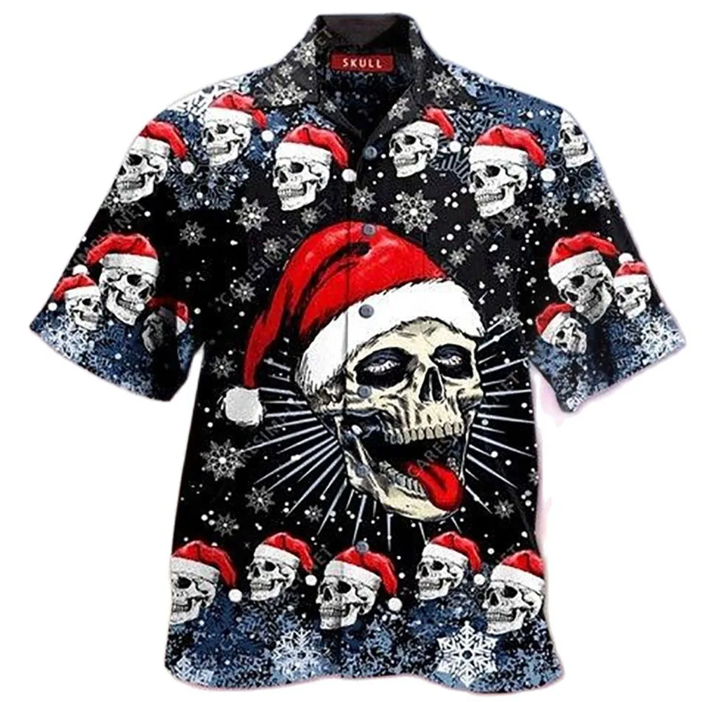 2022 New Arrival Men's Shirts Men Hawaiian Camicias Casual One Button Shirts Christmas Skull Printed Short-sleeve Blouses Tops