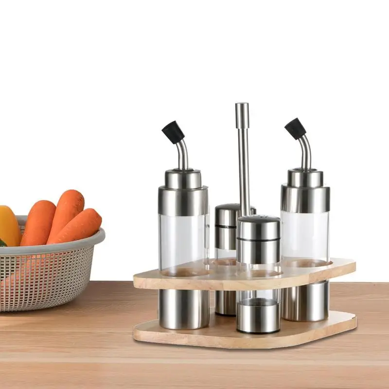 

Wood Base Seasoning Bottle Set With Wooden Rack Translucent Pepper Bottle Holder Kitchen Tools For Oil Salt Vinegar Soy Sauce