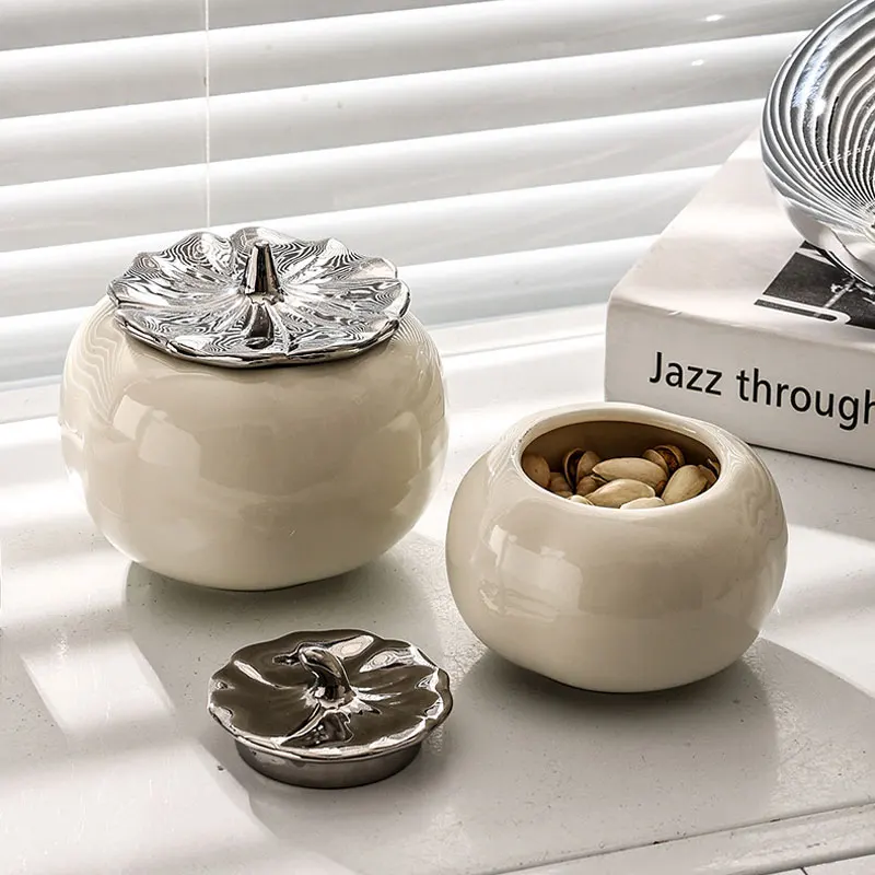 

Persimmon Shape Ivory Ceramic Home Decoration Storage Jar with Lid Cover for 2023 Interior Living Room Decor