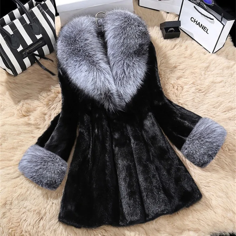 Woman Winter Fox Fur Collar Fur Coat 2021 New Mid-length Mink Fur Slim Fit Temperament Large Size Fur Fashion Coat Women Clothes