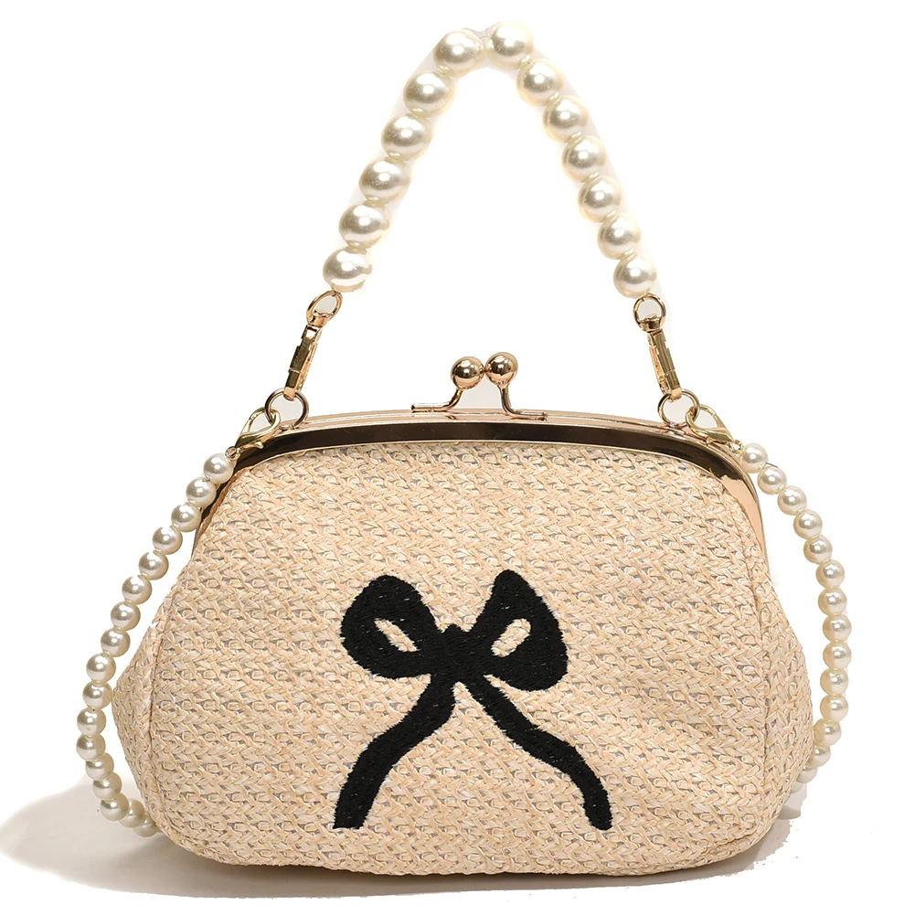 Женская плетеная Сумка-клатч с жемчужным ремешком и бантом