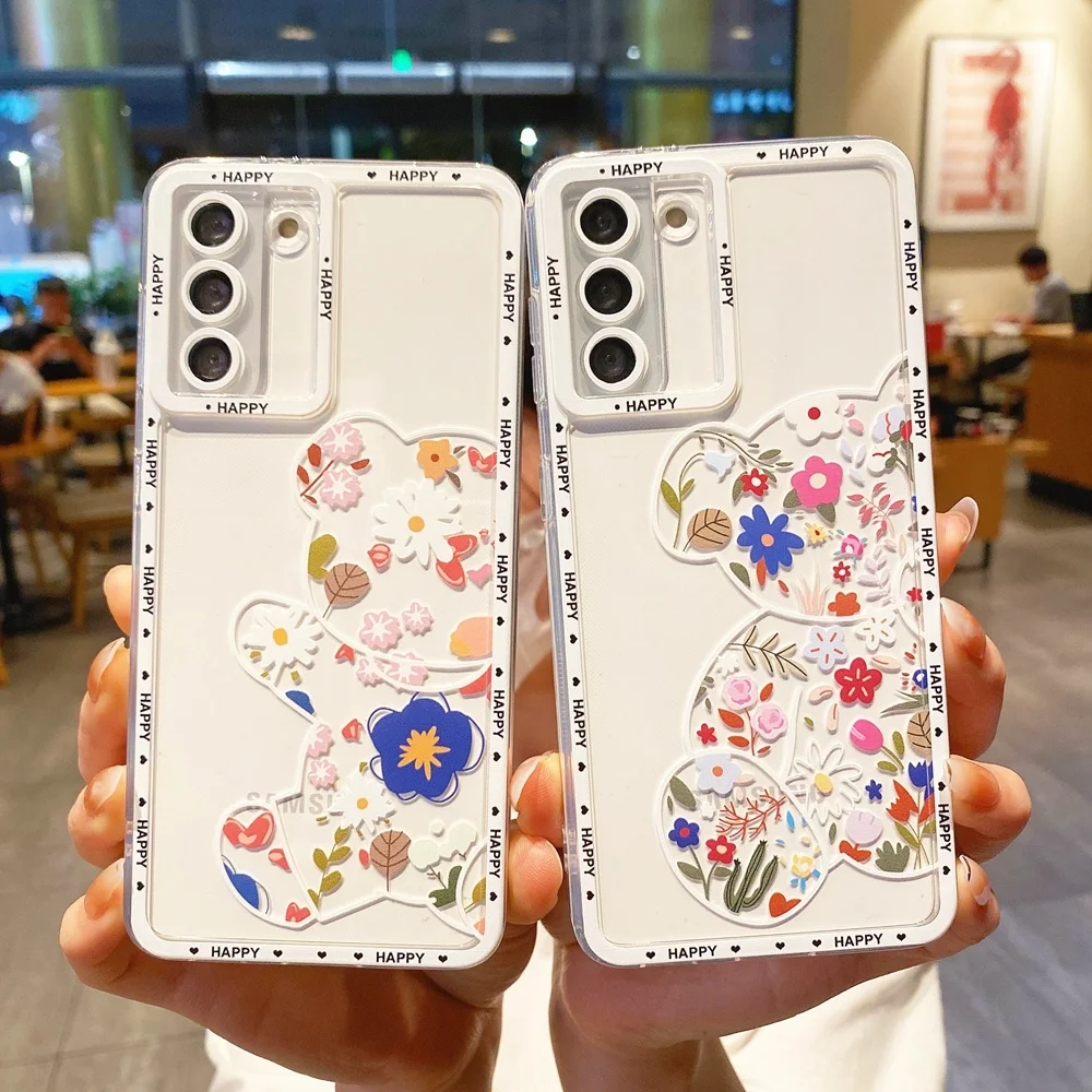 

Cute Cartoon Flowers Bear Case For Samsung Galaxy S22 Ultra S21 FE S20 Plus Note 20 A73 A53 A13 A52 A72 A32 A12 A51 A71 Cover