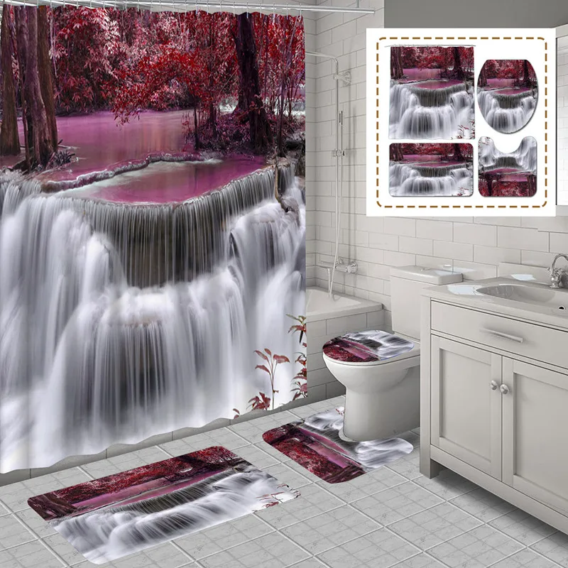 

Bathroom Decor Waterproof Shower Curtain Set Toilet Seat Cover Non-Slip Bath Mat Rug Carpet Polyester Washable with 12 Hooks