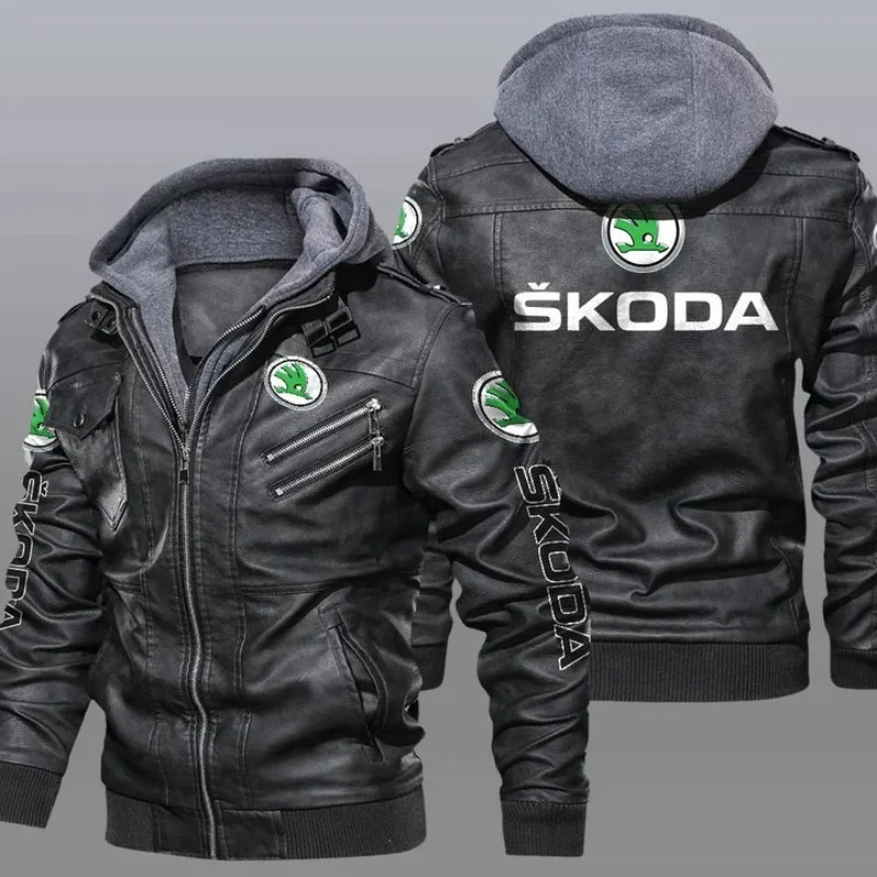 

2023 New Winter Eurosize Men's Leather Skoda Car Logo Long Sleeve Zipper Hooded Jacket Fleece-lined Fashion Keep Warm Coat