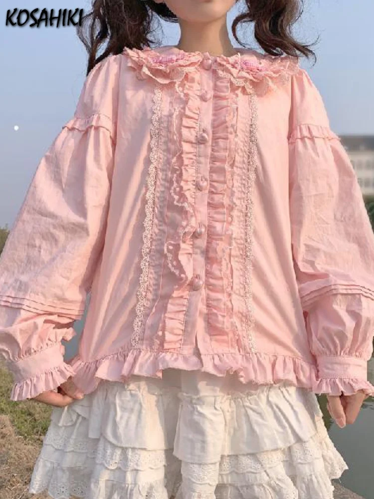 

Kawaii Girl All Match Shirt Female Doll Collar Long Sleeves White Lace Blouse Women Japanese Sweet Shirts Tops Femme Harajuku