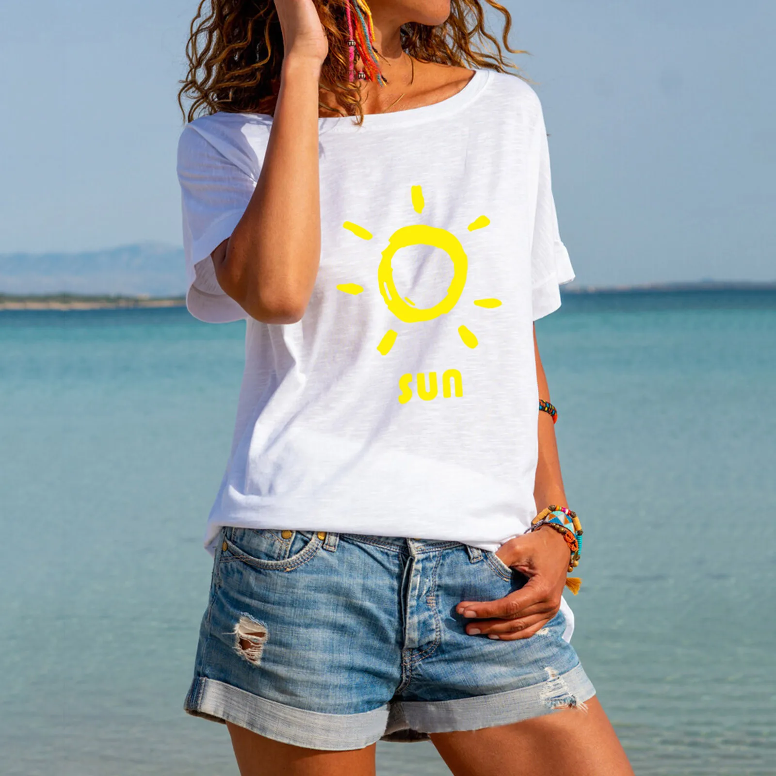

Женская футболка с принтом солнца, летняя футболка с коротким рукавом и графическим принтом, Женская свободная футболка с круглым вырезом, ...