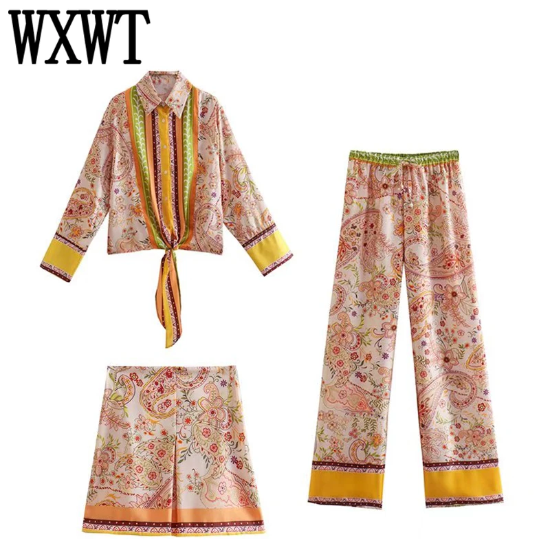 

WXWT Fashion Women Bow Decoration Print Long Sleeve Shirt With Elastic Waist Straight Pants And High Waist Mini Skirt Sets