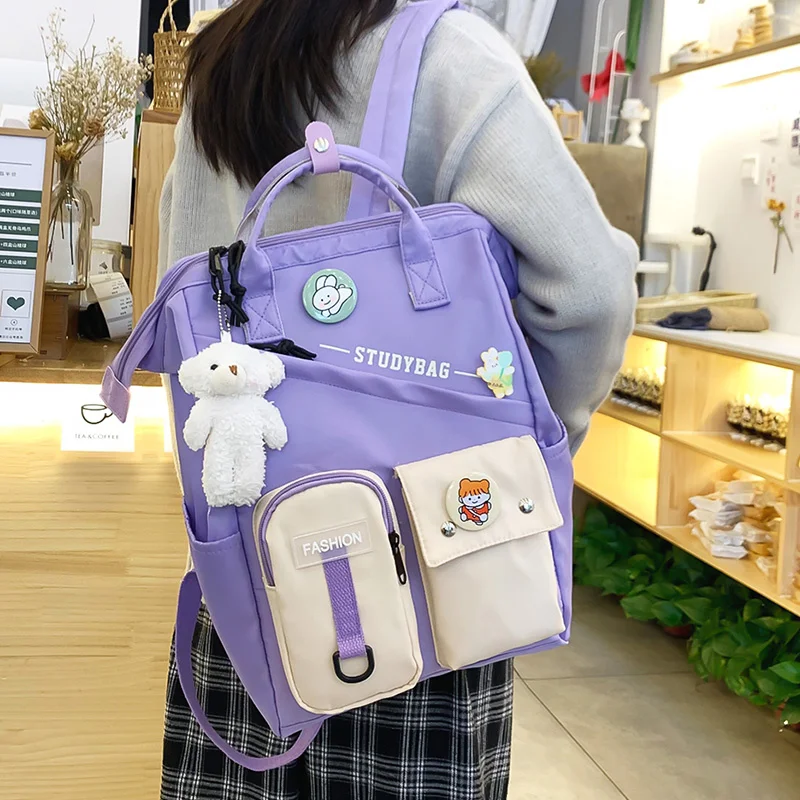 

Kawaii Waterproof Backpack Women Cute Pins School Teenage Girls College Plum Travel Rucksack Teddy Bear Gift Bag