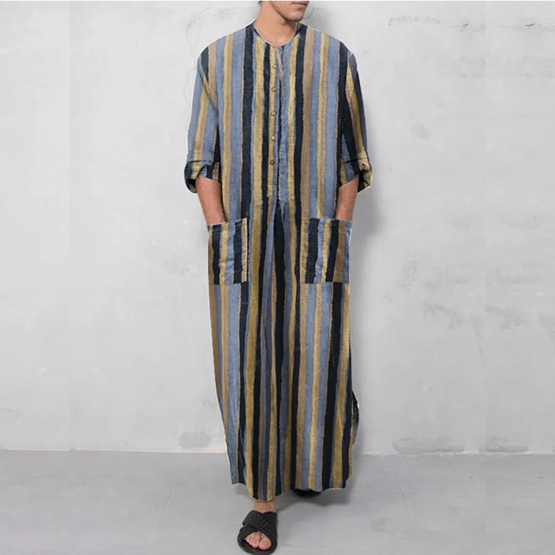 Muslim Southeast Asia's New Men's Loose Stand-up Collar Striped Long-sleeved Robe Ethnic Style Middle East Robe Arabic Abaya