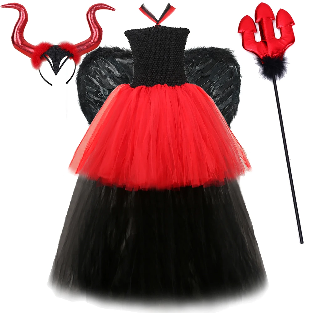 

Red Girls Evil Queen Malefice Tutu Dress Devil Witch Cosplay Halloween Costume for Kids Fancy Carnival Clothes with Horns Wing