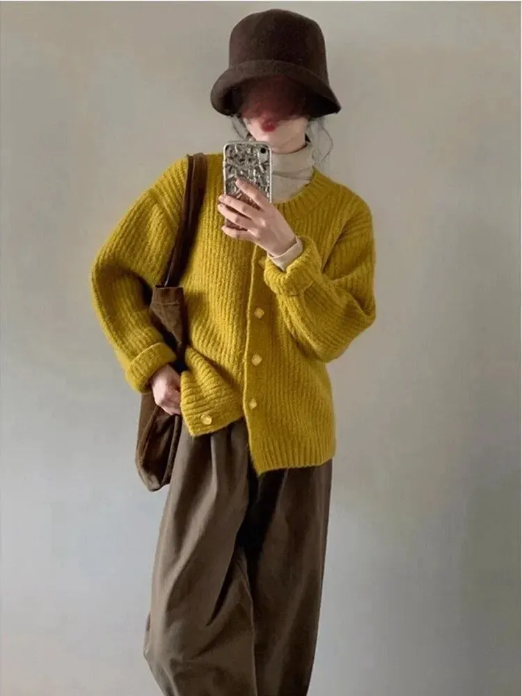 Винтажный утепленный свитер кардиган Женская осенне-зимняя Свободная верхняя