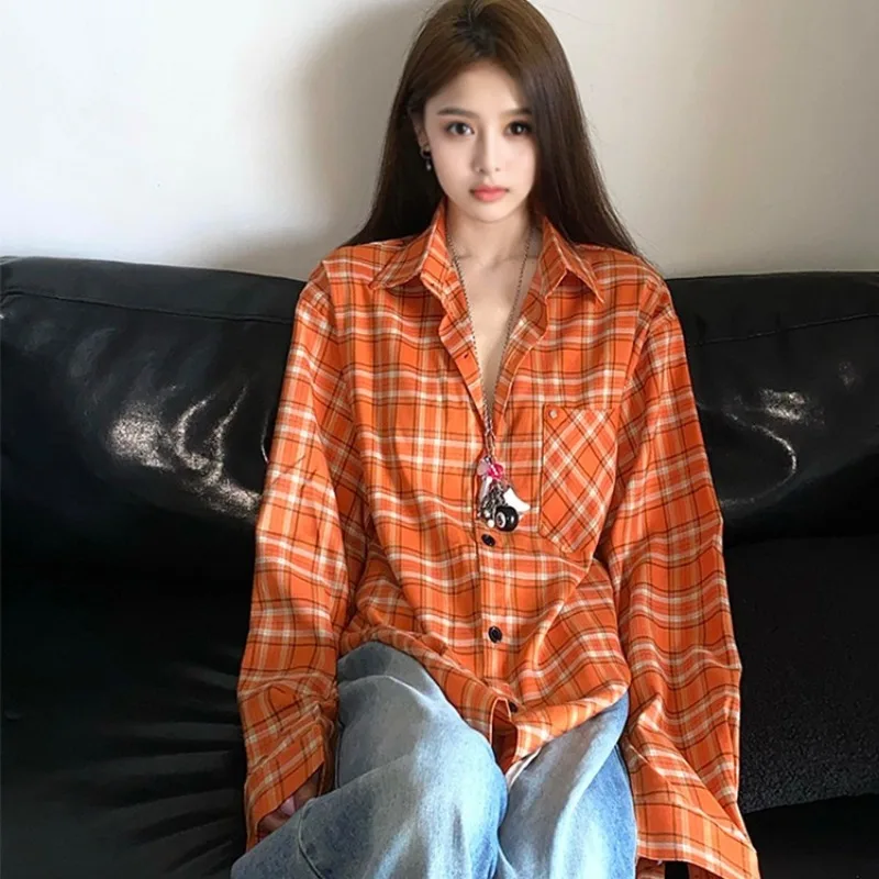 Винтажные клетчатые рубашки женские мешковатые оранжевые топы с длинными