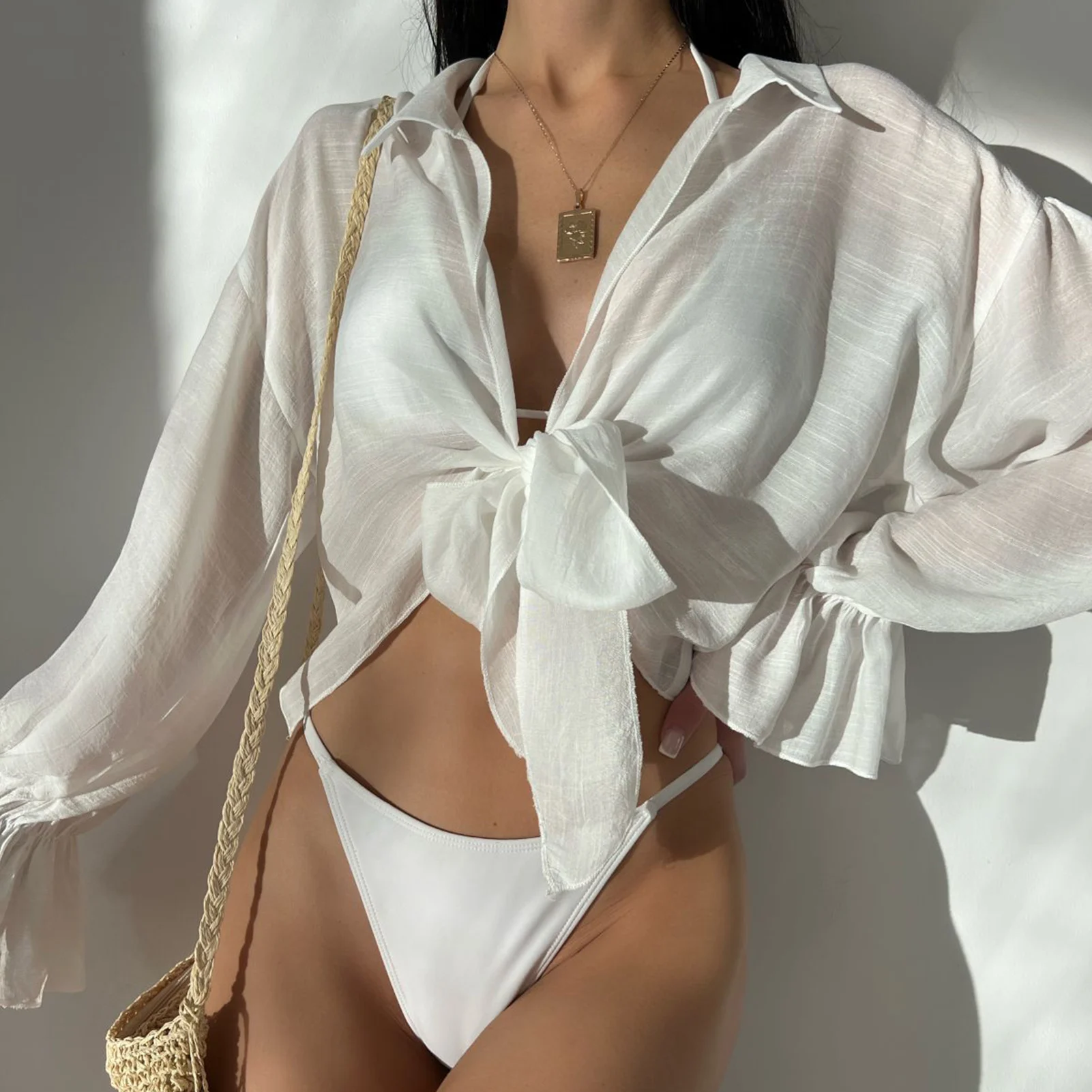 

Summer Women's Cotton Bikini Hoodie Cardigan Swimwear Long Sleeve Beach Fashion Simple Solid Color Sun Protection Clothing 2023