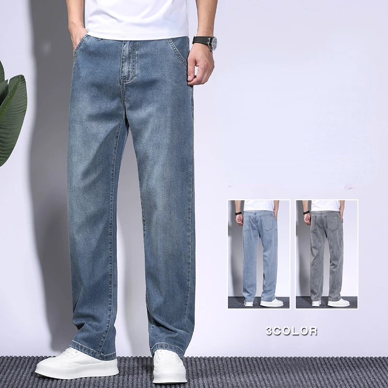 

Summer Soft Lyocell Fabric Men's Jeans Thin Loose Straight Pants Drawstring Elastic Waist Korea Casual Trousers Plus Size 28-42