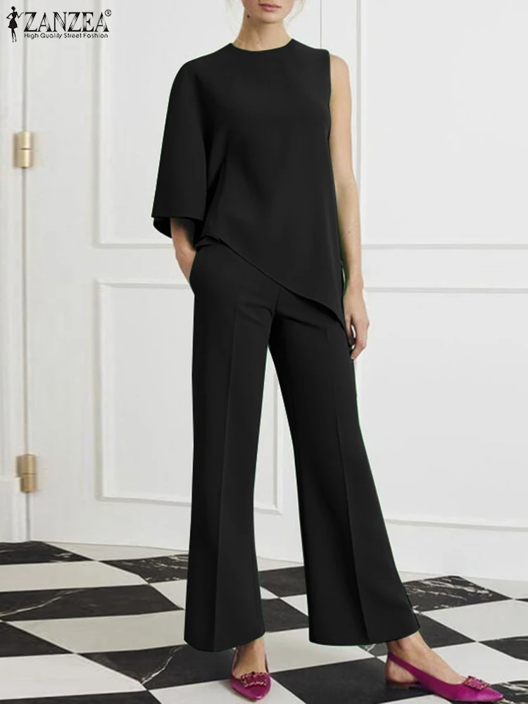 

ZANZEA Summer Women Matching Sets Long Sleeve Asymmetric O-Neck Tops Stylish Casual Elegant Oversized Pockets Suit Pants Outfits
