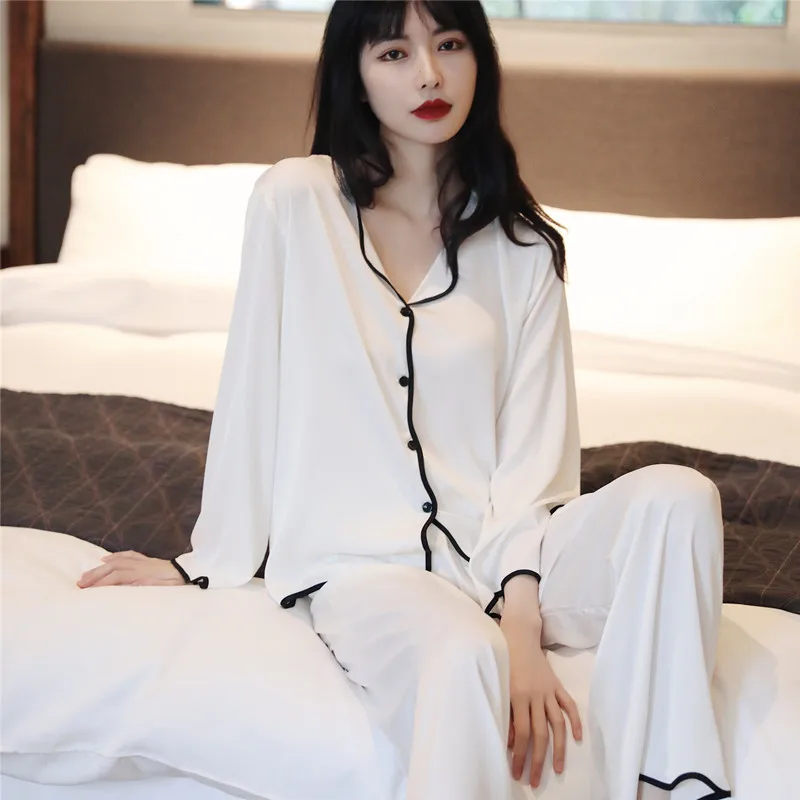 Spring Summer Sexy Silk Pajamas Women's Long-Sleeved Suit Korean Style Large Size Simple Style Ice Silk Home Thin Homewear