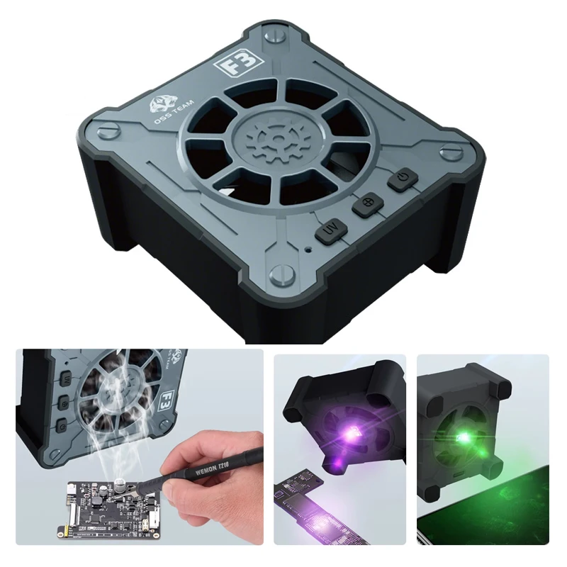 

OSS F3 Перезаряжаемая УФ-лампа 3 в 1, многофункциональный охлаждающий вентилятор, зеленая пылезащитная лампа для ремонта телефона, ноутбука, вентилятор с УФ-отверждением