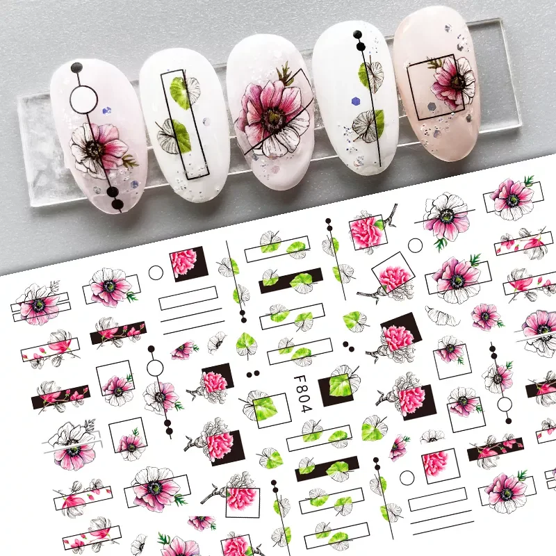 Decals Stickers Gothic Spring Black White Flowers Nail Manicure  Hollow Floral Leaves Sliders Geometry 3D Decoration Transfer