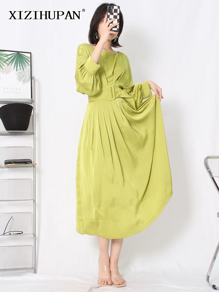 XIZIHUPAN Elegant Green Long Dress For Women Round Neck Lantern Sleeve With Sashes High Waist Midi Dresses Female 2022 Clothing