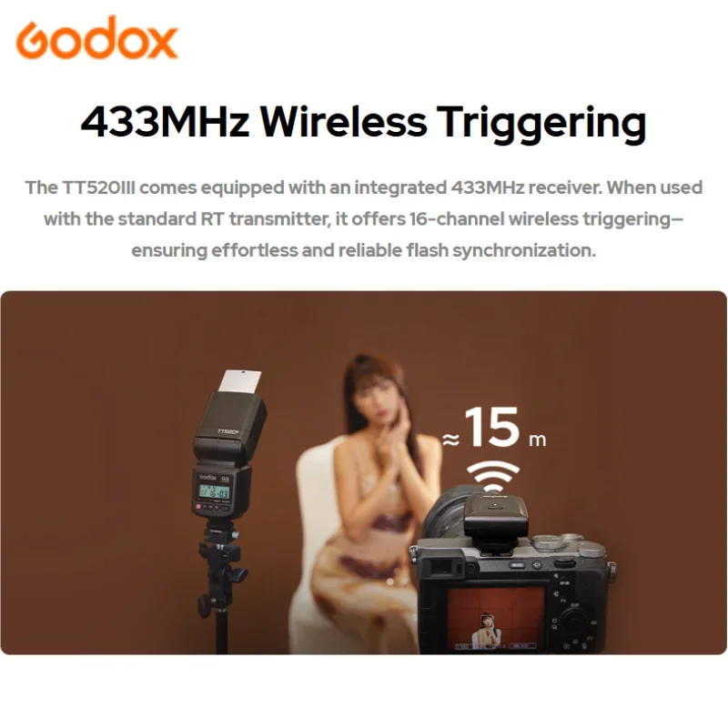 Фото Godox TT520 III Flash TT520III со встроенным беспроводным сигналом 433 МГц + триггер вспышки для зеркальных камер Canon Nikon Pentax Olympus №3