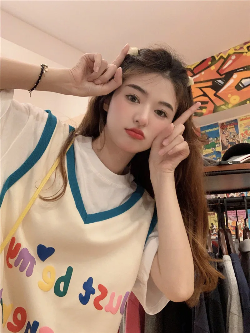 

GG0486 2022 new design fake two short sleeved t summer loose fashion contrast color stitching girlish top fashion