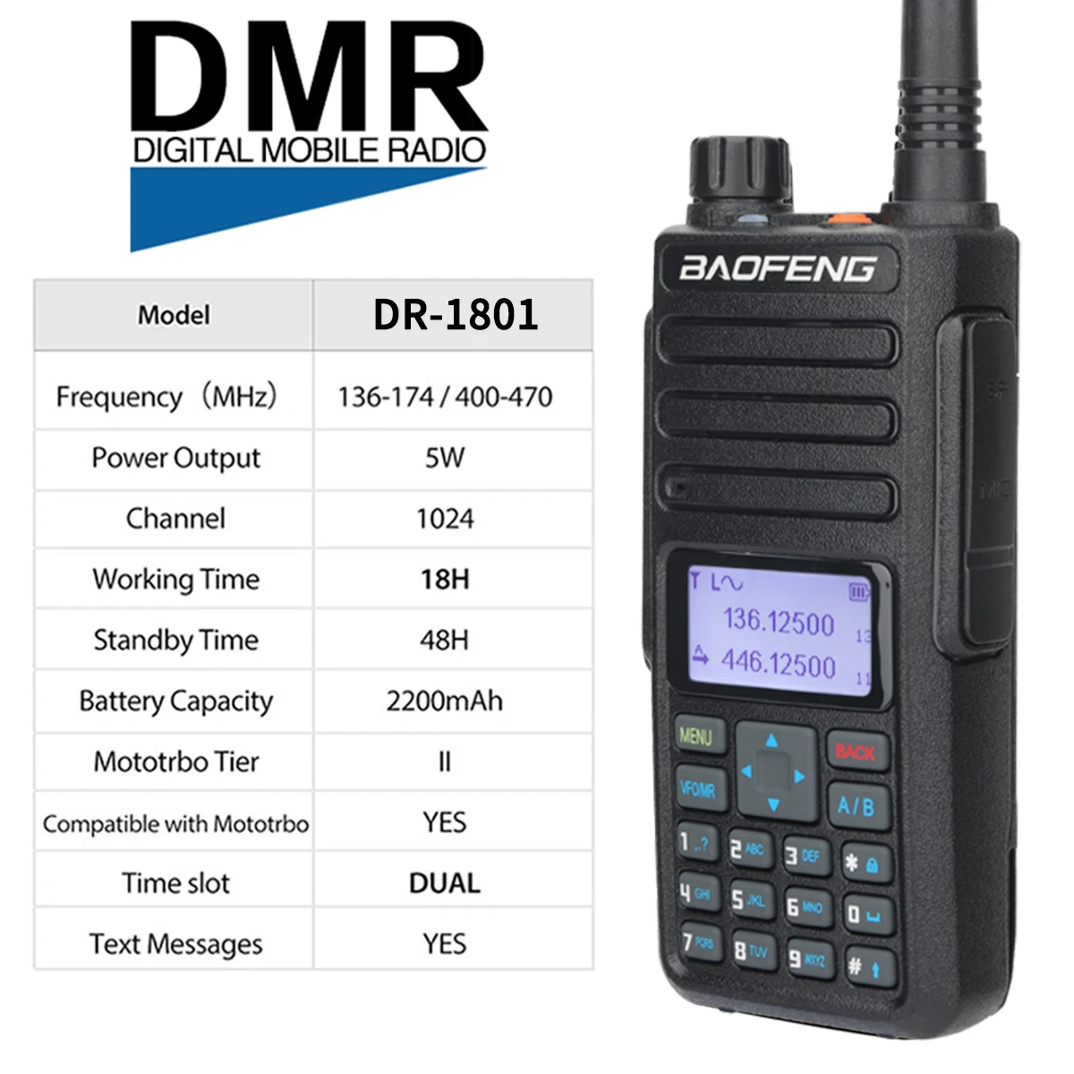 Baofeng DMR DR-1801 Walkie Talkie Dual Time Slot Tier 1&2 Digital/Analog Radio VHF UHF Dual Band Upgrade of DM-1801 DM-1701