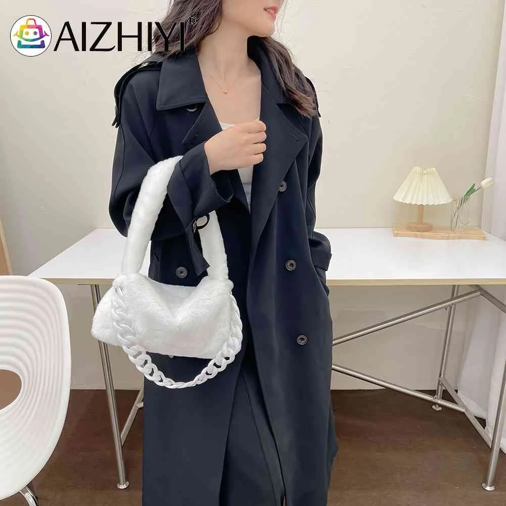 

Casual Female Underarm Handbags Soft Fluffy Chain Underarm Bags Portable Handle Lady Tote Handbag Thick Chain Travel Daily Purse