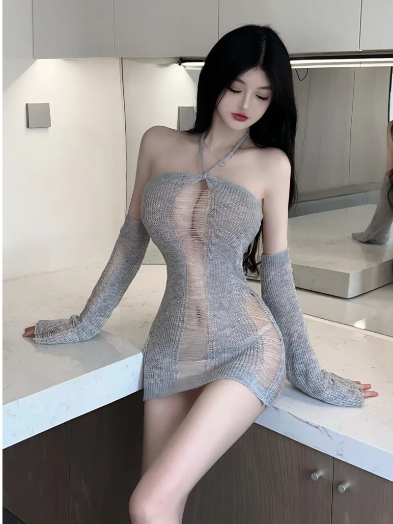 

Sexy Hanging Neck Off Shoulder Cross Hollow Out Sweater Transparent Temptation Backless Lace Up Camisole Dress Women Solid IJ6B