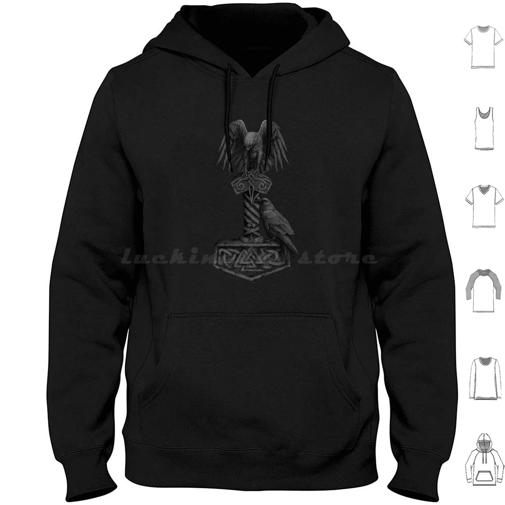 Odin Raven Huginn Muninn Germanic Viking Midgard Hoodies Long Sleeve Mjolnir Hammer Valhalla