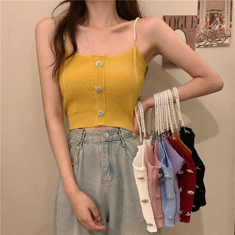 

Knitted Ropa De Mujer Tank Solid Cami Y2k Crop Sexy Korean Women Fashion Halter Sleeveless Croptop Button White High Street Top