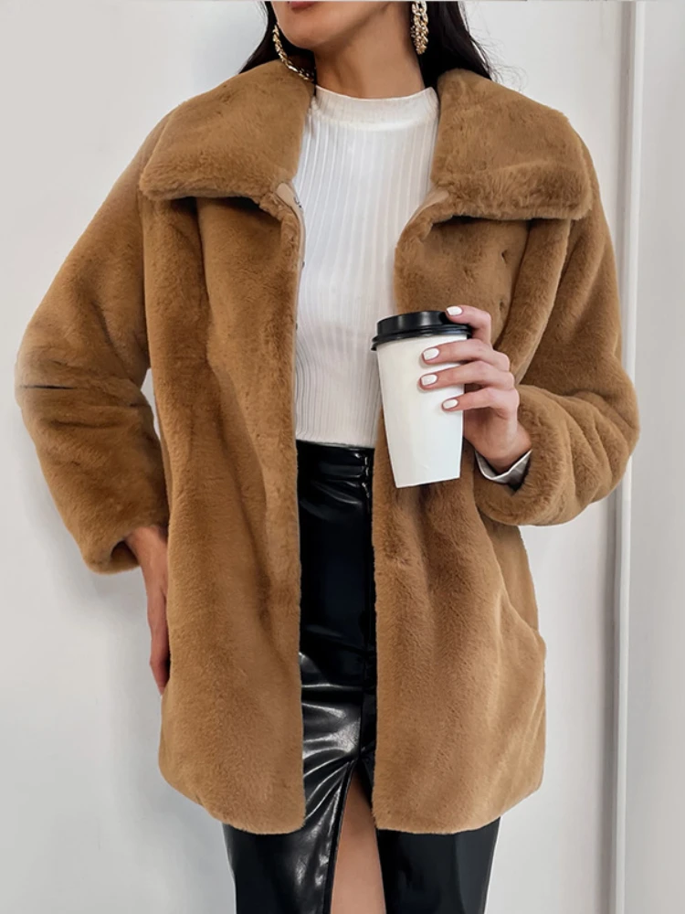 Winter Elegant Turn Down Collar Faux Fur Coats Women 2022 Fashion Ladies Faux Rabbit Fur Coat Fluffy Jackets Long Fur Outwear