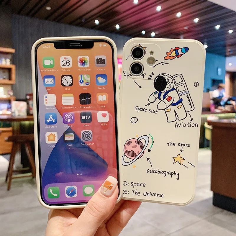 

Astronaut Cute Phone Case For iPhone 11 12 13 Pro Max 12 13 Mini X XR XS Max 7 8 6S 6 Plus SE 2020 5 Silicone Bumper Cover Coque