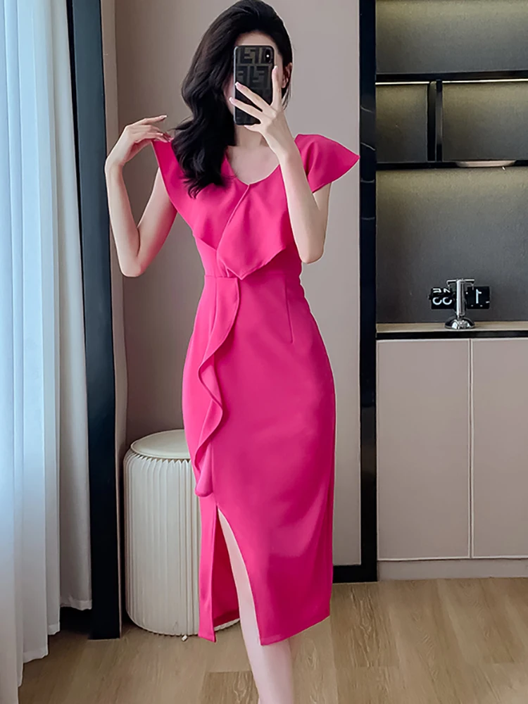 Женское однотонное элегантное платье с оборками и V-образным вырезом