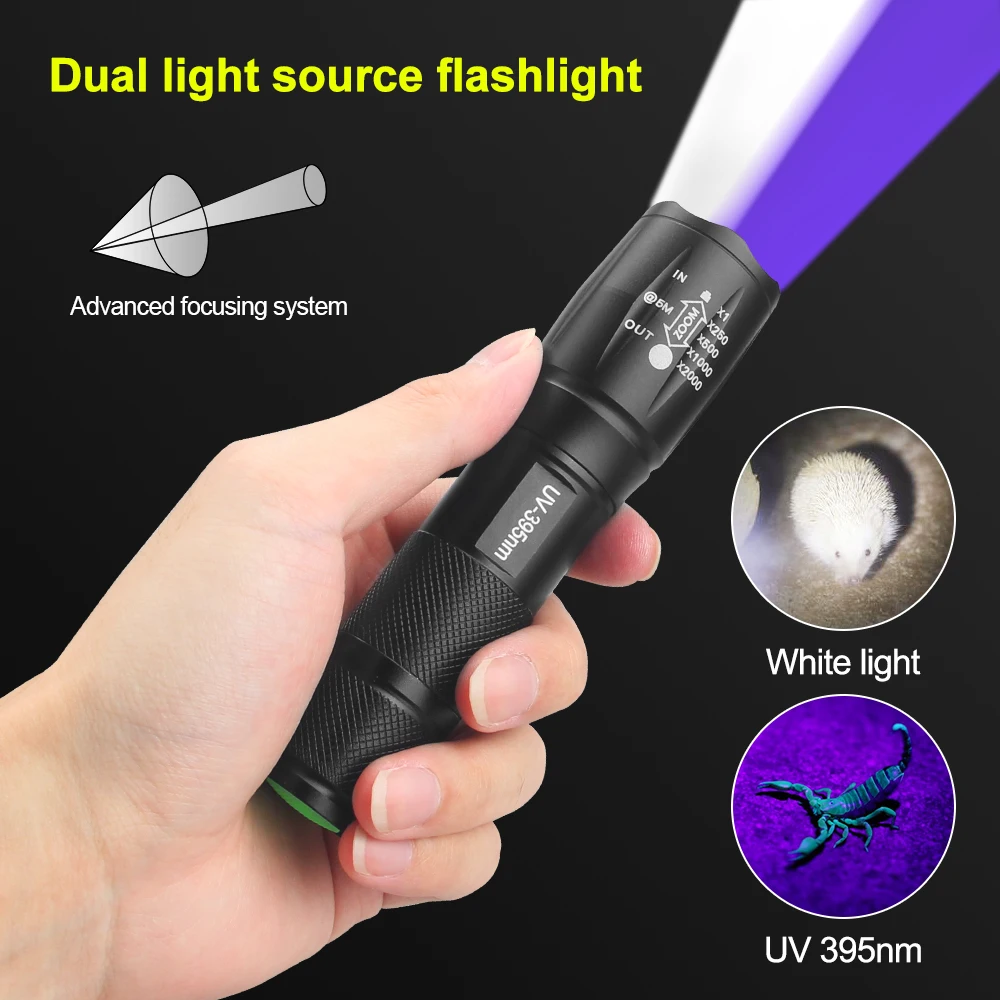 Zoomable UV Flashlight 2 In 1 White&UV 395nm Purple Torch Black Light Ultraviolet Urine Detector for Pet Urine Catch Scorpions