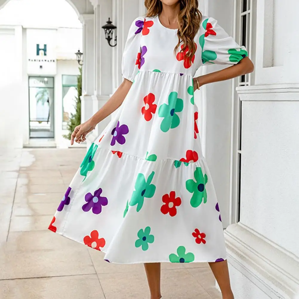 

Dot Printed Half Lantern Sleeve Beach Dress O-neck Large Stitching Hem Loose Fit Midi Dress Cute Heart Printing Party Dress