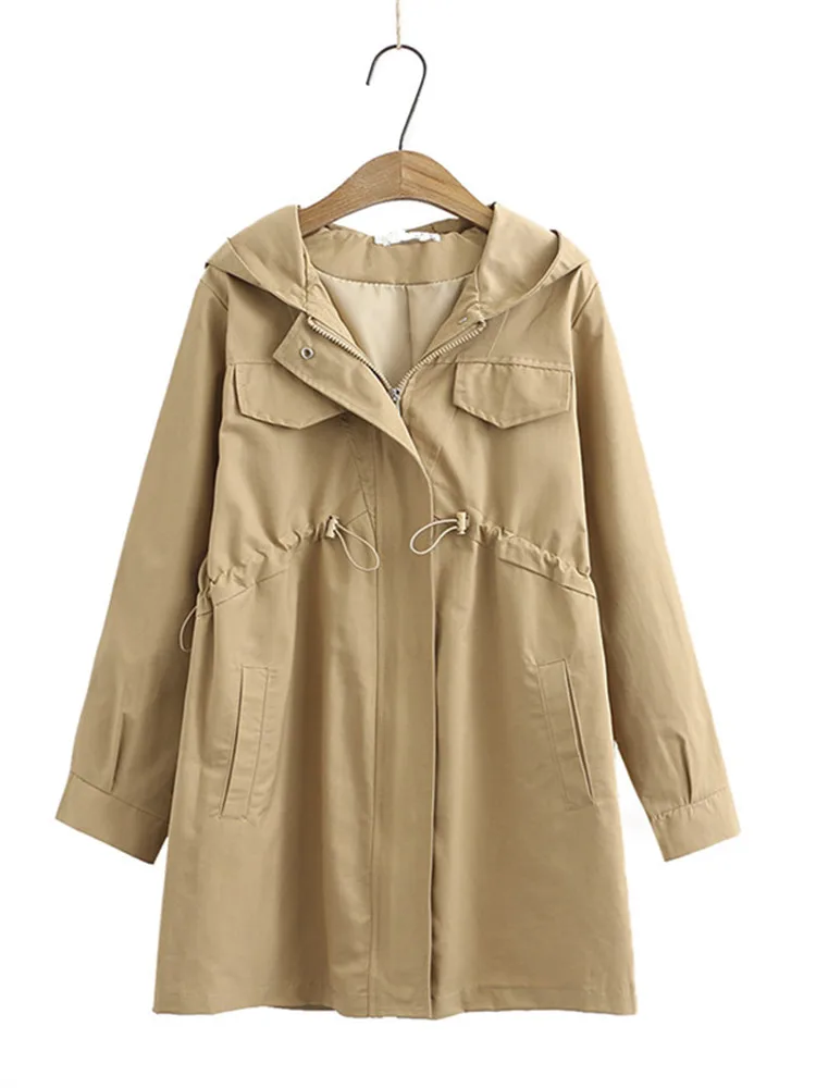 

Plus Size Women Clothing Long-Sleeved Spring And Autumn Solid Color Hooded Medium And Long Windbreaker Large Size Casual Jacket