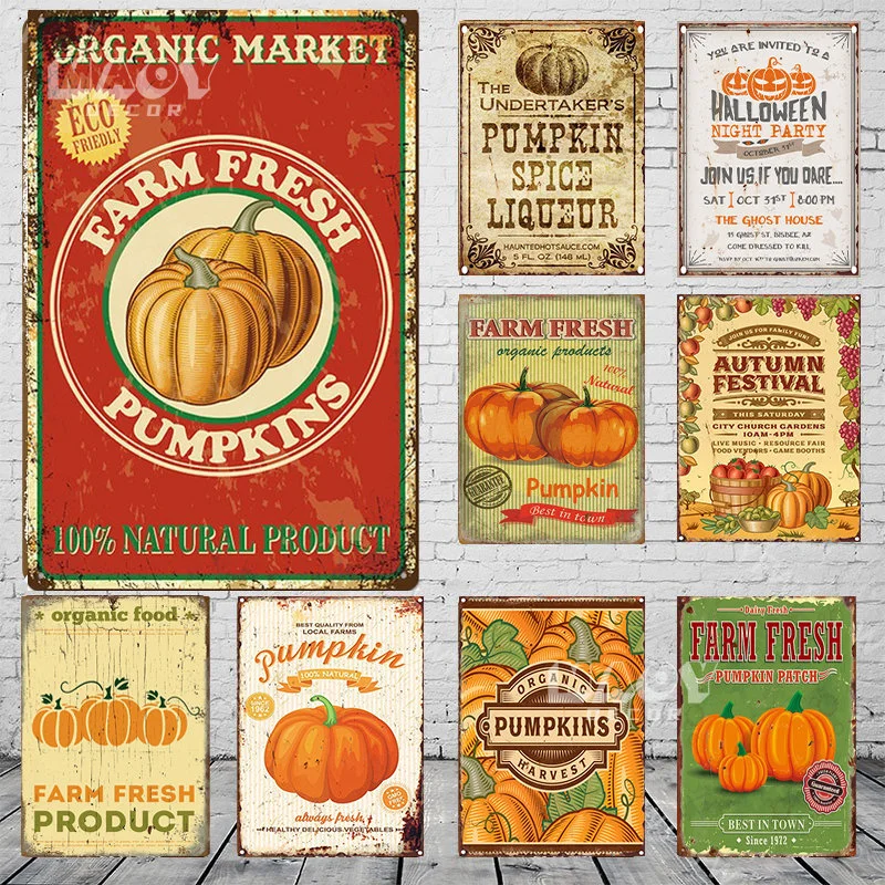 

Vintage Fresh Pumpkin Metal Sign Wall Painting Thanksgiving Tin Plaque Halloween Wall Art Metal Plate for Farm Decor Metal Decor