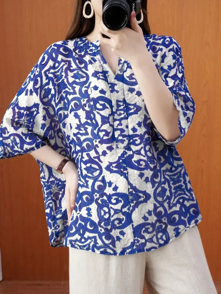 

ZANZEA Women O Neck 3/4 Sleeves Loose Blouse Shirts Casual Printed Holiday Tops Tunic Oversized Blusa Femininas Loose Chemise