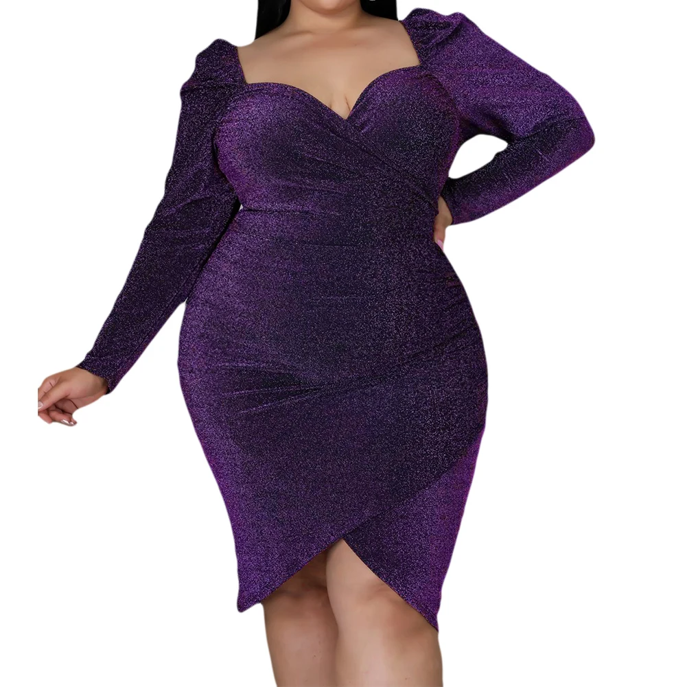 

Plus Size Women Sexy V-Neck Irregular Short Skirt Long Sleeve Slim Evening Dress Slim Thin Bright Silk Holiday Dress XL - 4XL