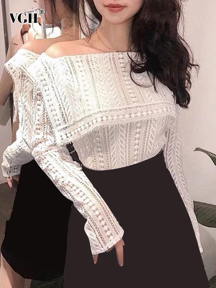 

Женская футболка с вырезом лодочкой VGH, повседневная простая свободная Винтажная футболка с длинным рукавом и вырезами, пуловеры с высокой ...