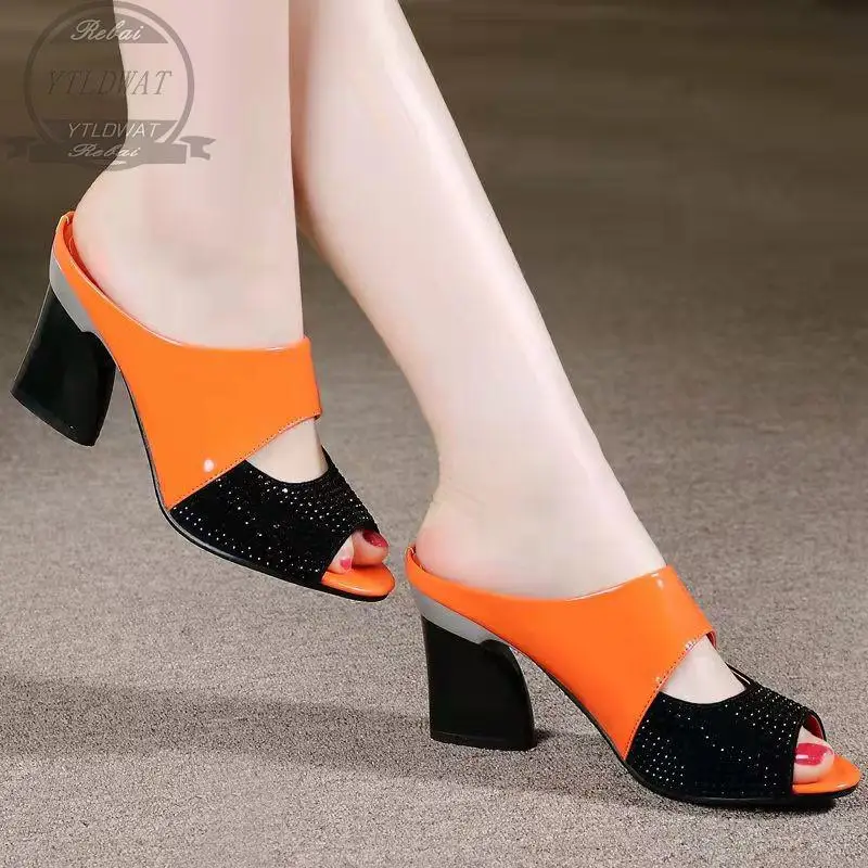 High-heeled Slippers Women's Summer 2021 New Fish Mouth Thick Heels Sandals Patent Leather Rhinestone Wedge  Ayakkab