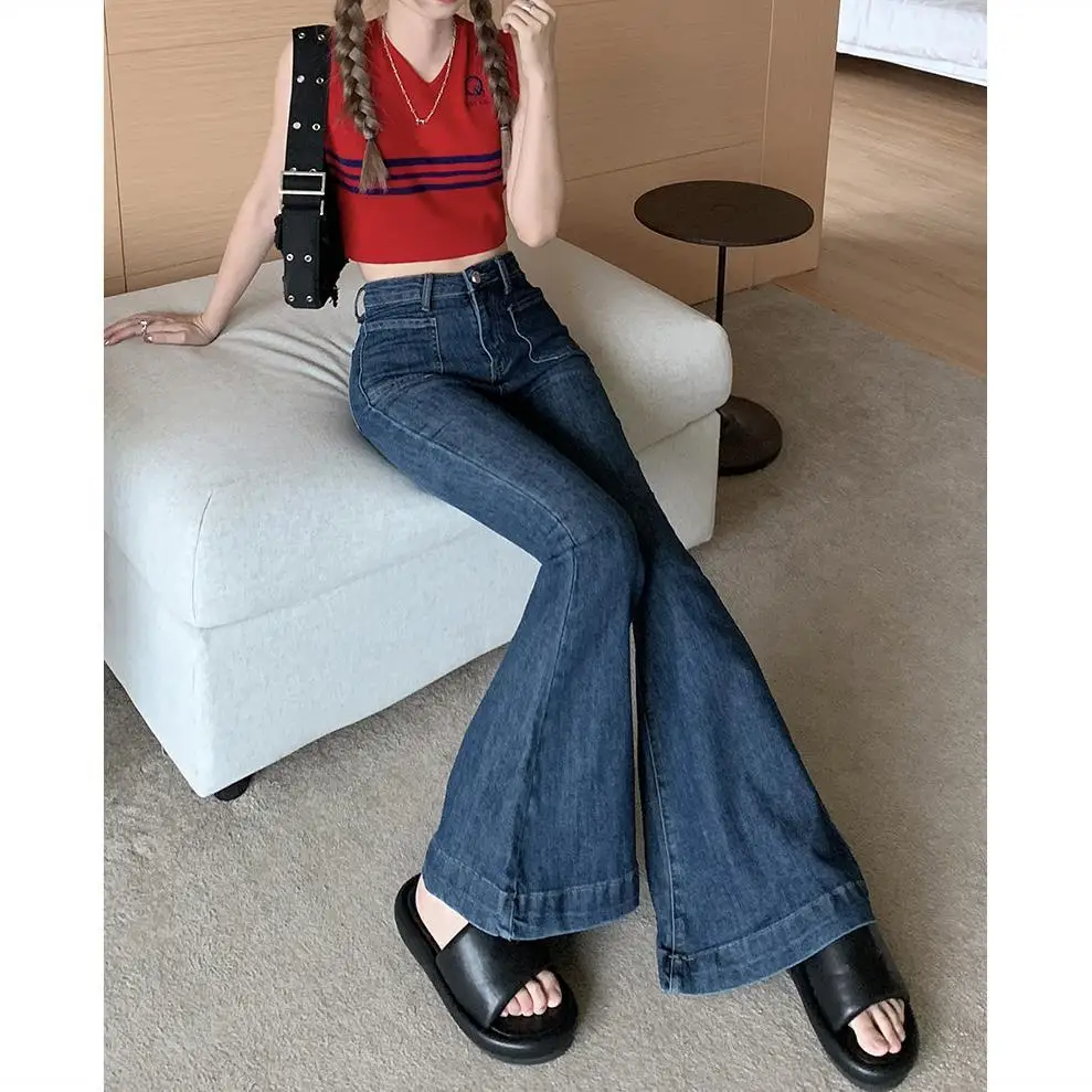 

Vintage Flare Jeans Women's High Waist Slim Autumn and Winter New Vintage Blue Wide Leg Floor Pulling Flare Pants Women Q268