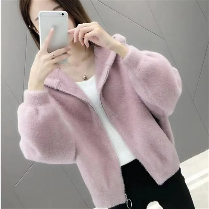 2022 Autumn Winter New Women Hooded Short Coat Imitation Fur Solid Color Jacket Long-sleeved Knitted Cardigan Plush Thermal Top