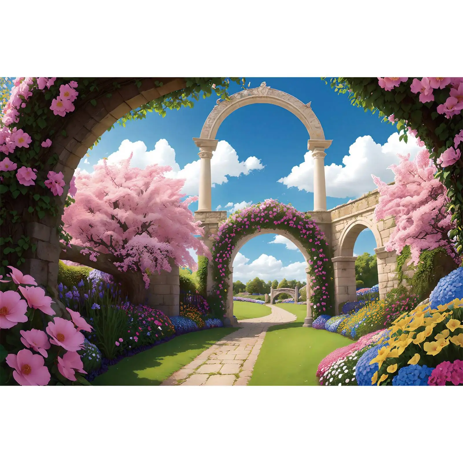 

Garden Park Photo Background Spring Natural Grass Field Pink Flowers Blossom Outing Holiday Backdrops Props for Photography