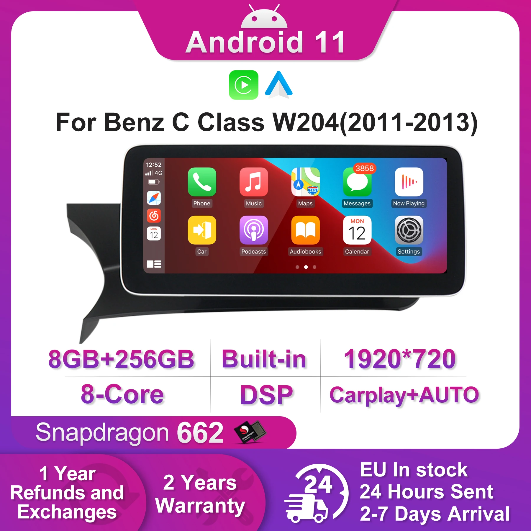 

Автомобильная стереомагнитола на Android 11, 8 ГБ + 256 ГБ, 4G Lte, для Mercedes Benz W204 W205 2007-2018, GPS-навигация, беспроводной плеер со склада в ЕС