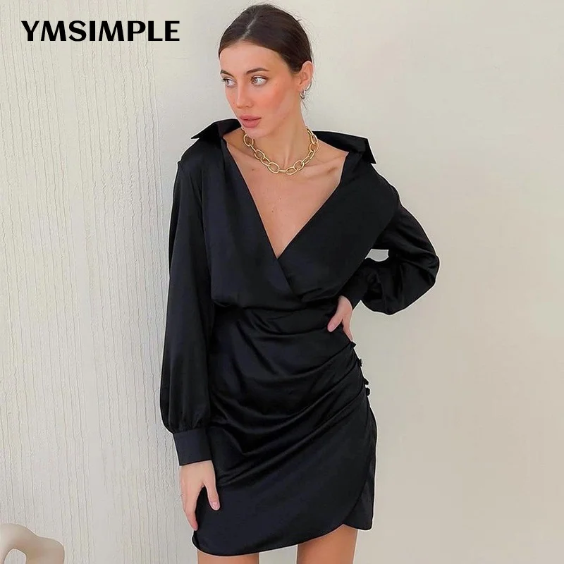 

2022 Fashion Satin Dresses Women Clothes Casual Elegant Long Sleeve Tunics Deep V-neck Solid Formal Evening Party Black Dress